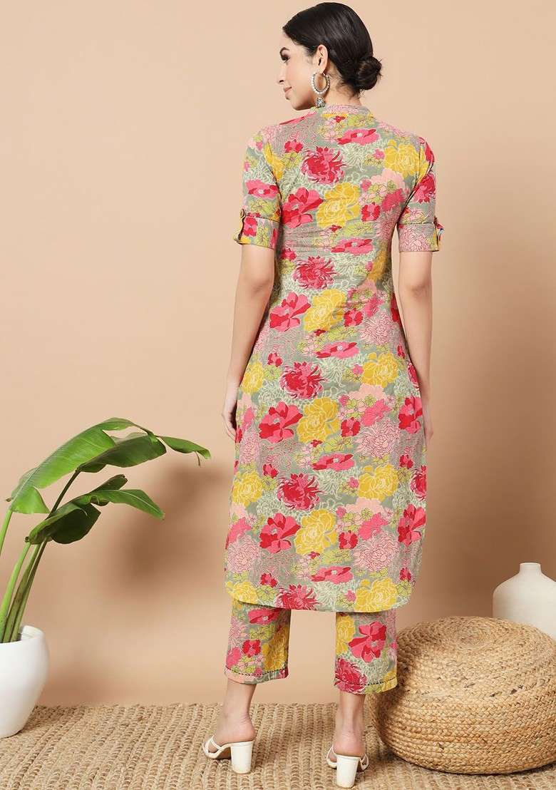 Sea Green Floral Printed Mandarin Collar Pure Cotton Tunic With Trouser - Indya