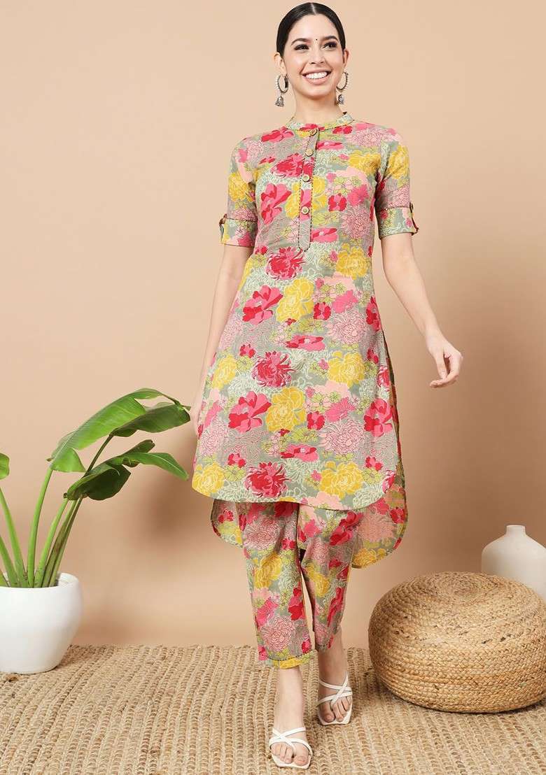 Sea Green Floral Printed Mandarin Collar Pure Cotton Tunic With Trouser - Indya