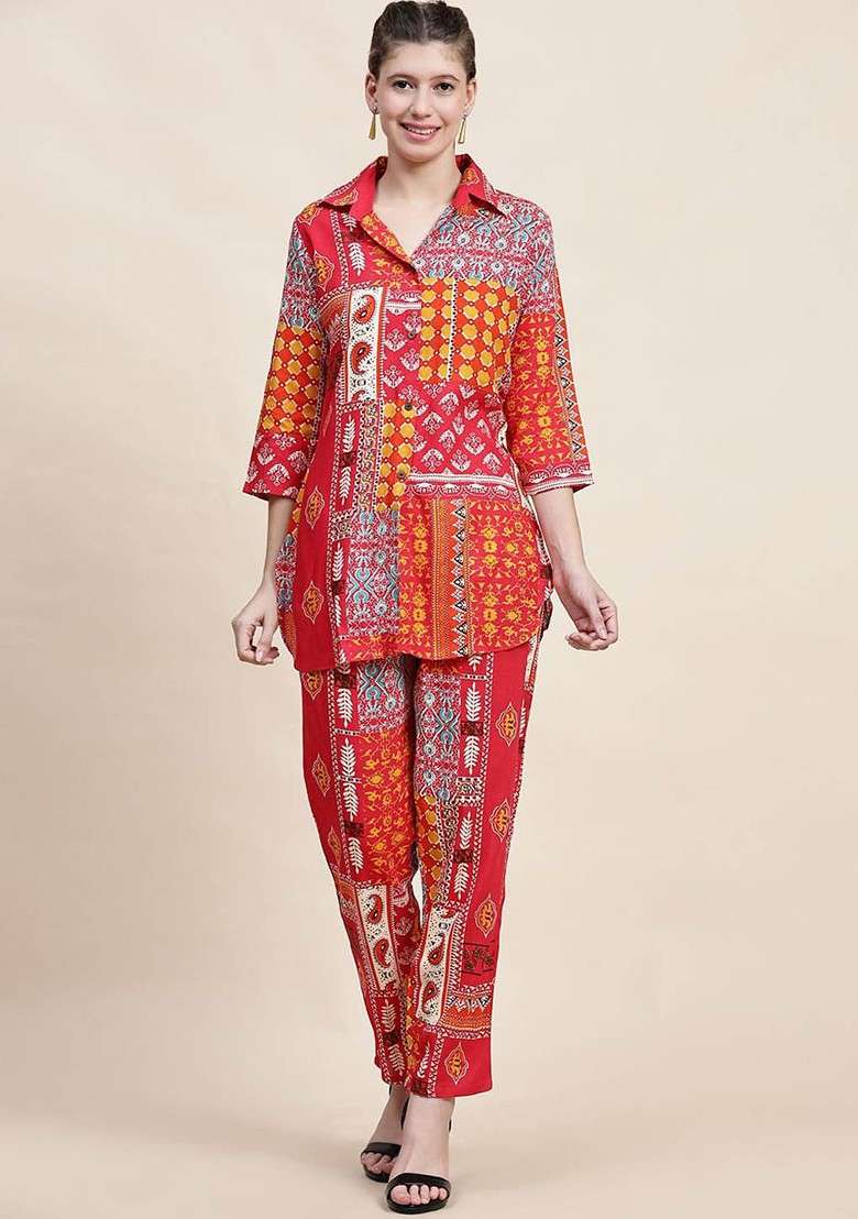 Red Floral Printed Shirt Collar Pure Cotton Tunic With Trousers - Indya