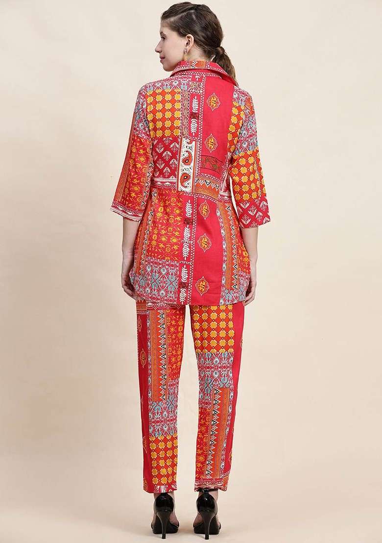 Red Floral Printed Shirt Collar Pure Cotton Tunic With Trousers - Indya