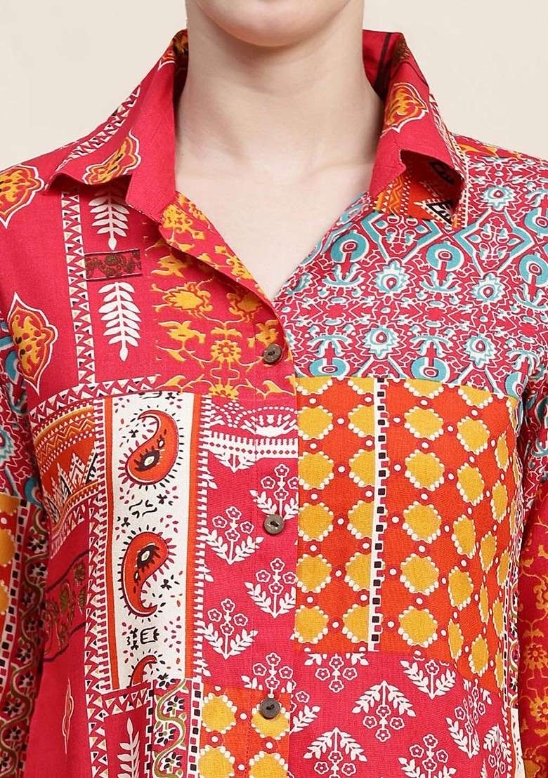Red Floral Printed Shirt Collar Pure Cotton Tunic With Trousers - Indya