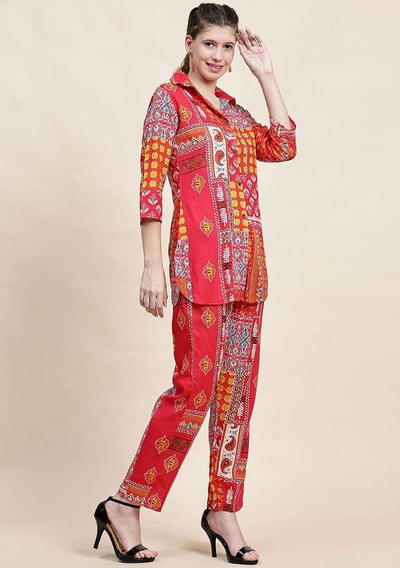 Red Floral Printed Shirt Collar Pure Cotton Tunic With Trousers - Indya