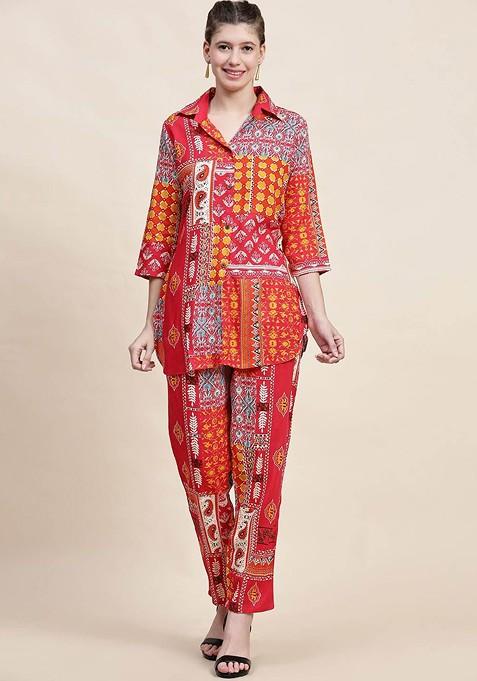 Red Floral Printed Shirt Collar Pure Cotton Tunic With Trousers