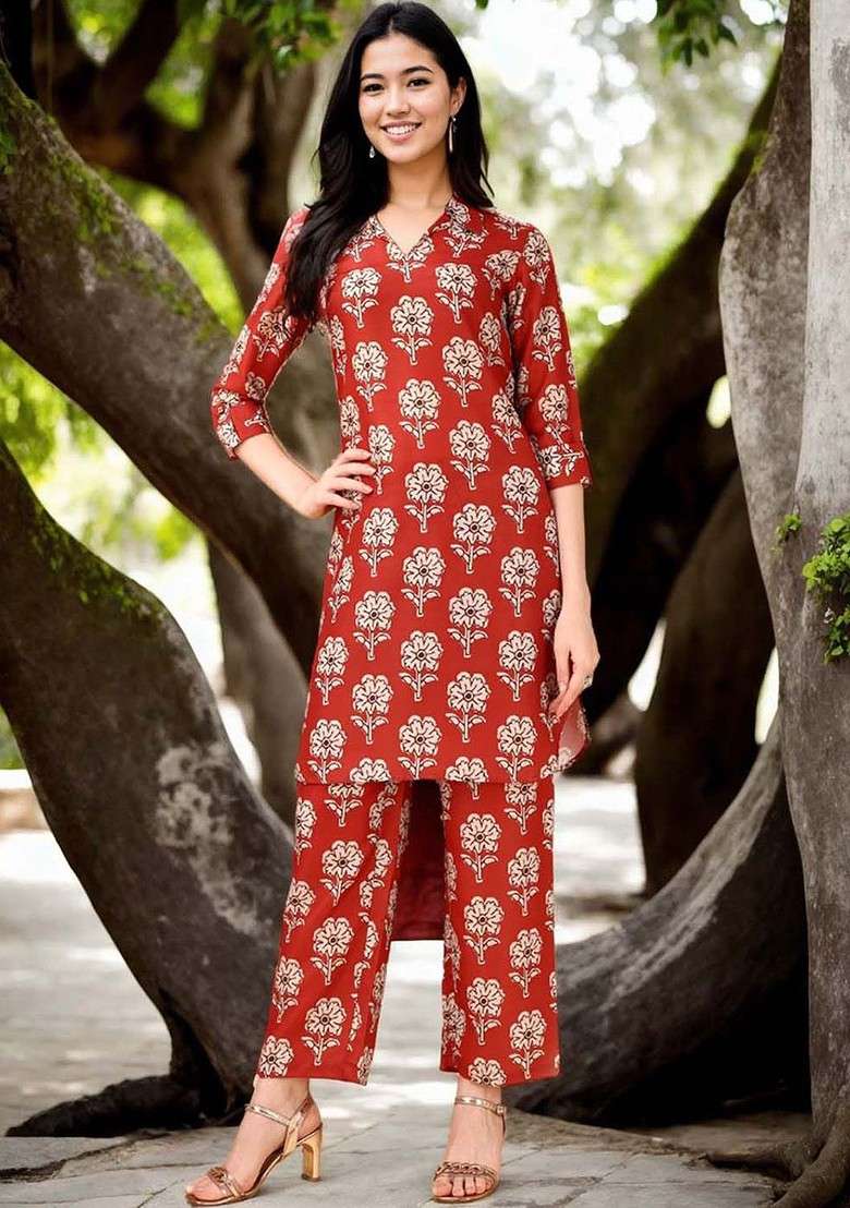 Rust Floral Printed Shirt Collar Tunic And Trousers - Indya