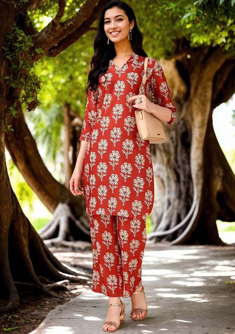 Rust Floral Printed Shirt Collar Tunic And Trousers - Indya