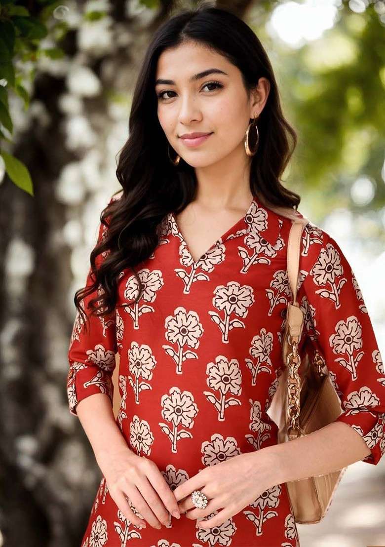 Rust Floral Printed Shirt Collar Tunic And Trousers - Indya