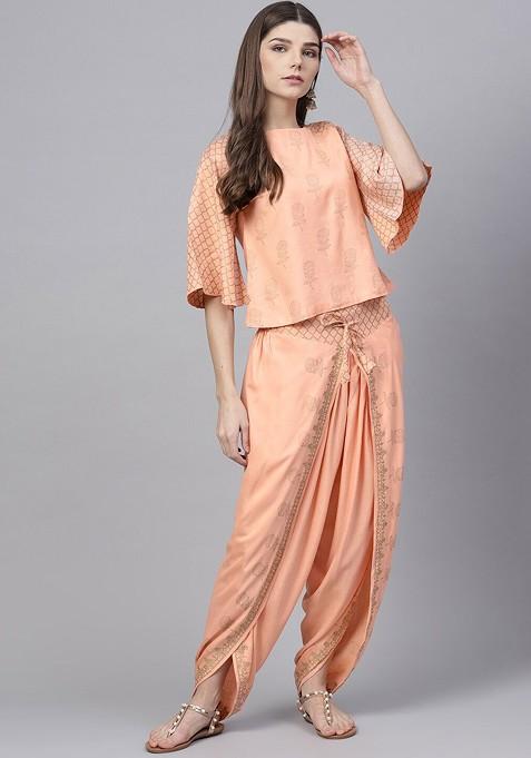 Peach Peachcoloured And Grey Printed Block Print Top With Dhoti Pants — view on Indya
