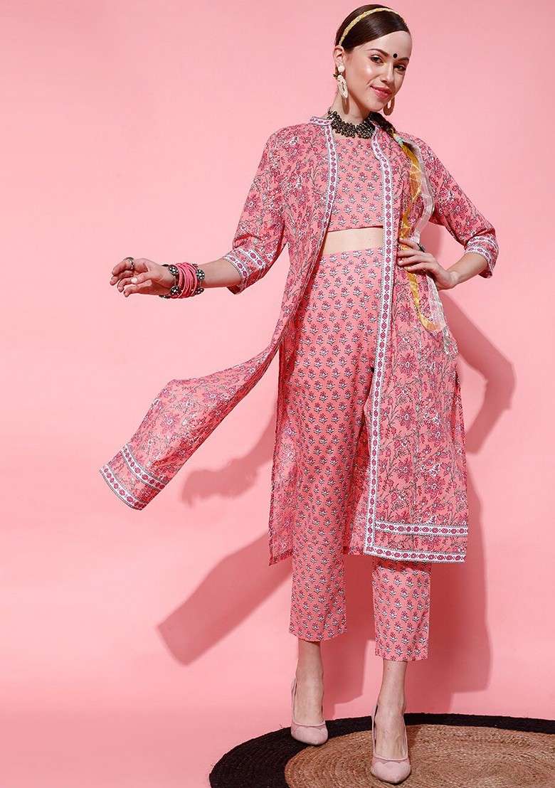 Peach Floral Printed Pure Cotton Top And Trouser With Jacket Coord Set - Indya