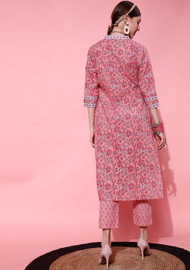 Peach Floral Printed Pure Cotton Top And Trouser With Jacket Coord Set - Indya