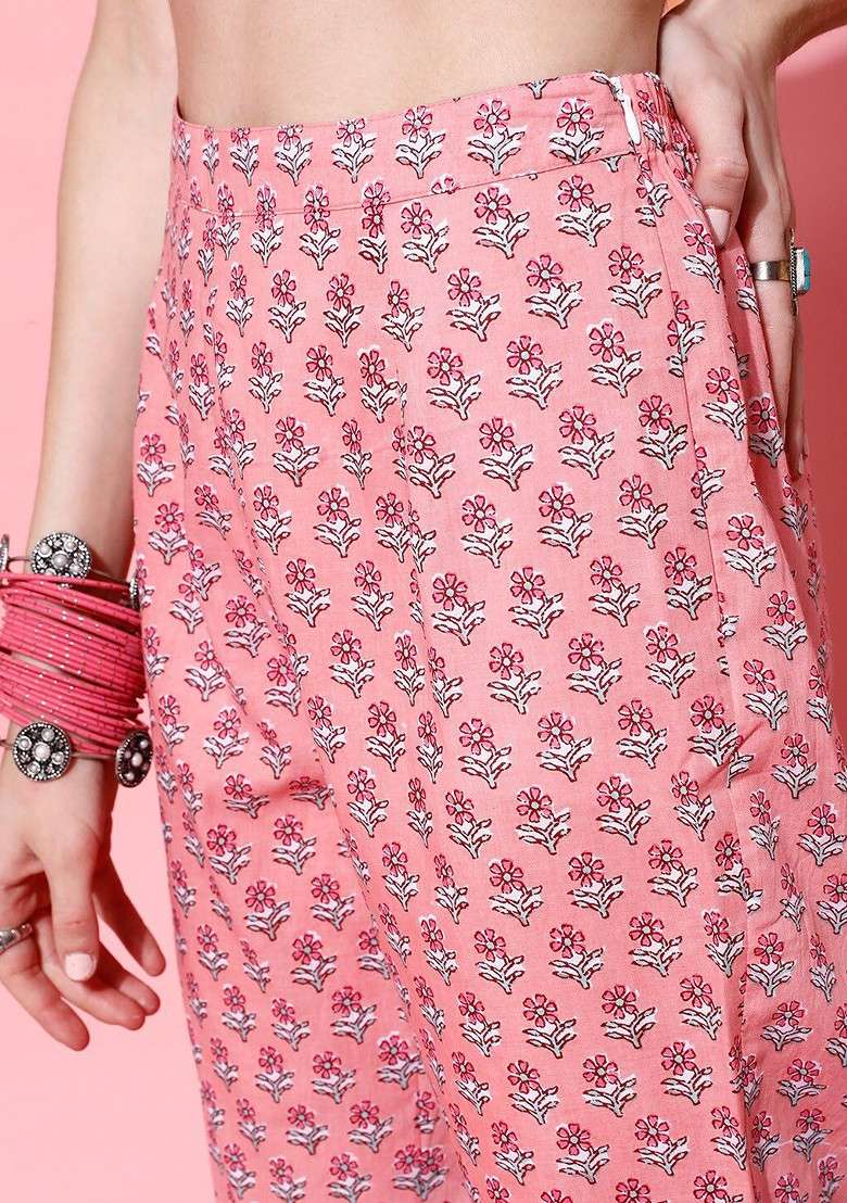 Peach Floral Printed Pure Cotton Top And Trouser With Jacket Coord Set - Indya