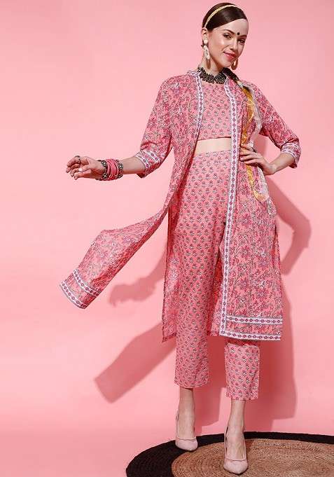 Peach Floral Printed Pure Cotton Top And Trouser With Jacket Coord Set