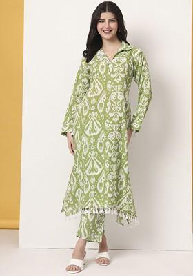 Green Ikat Printed Pure Cotton Tunic And Trouser Coord Set