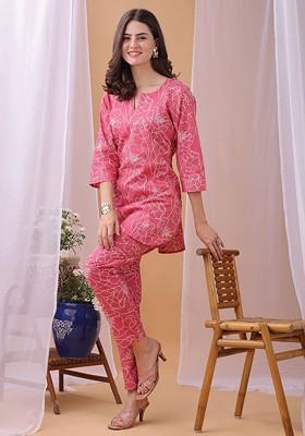 Pink Floral Printed Pure Cambric Cotton Top With Trousers Coords