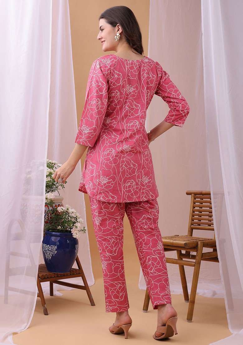 Pink Floral Printed Pure Cambric Cotton Top With Trousers Coords - Indya