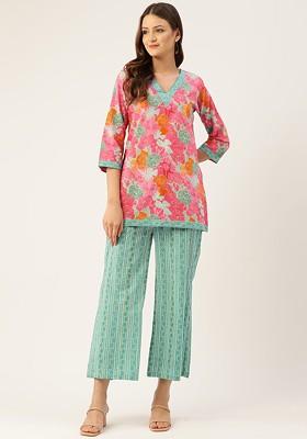 Pink Women Printed Cotton Top With Palazzos