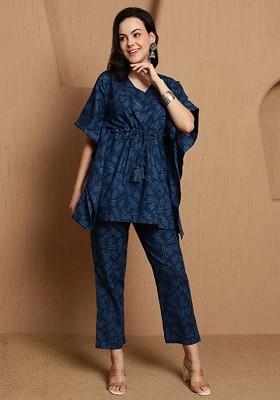 Blue Women Printed Kaftan With Trouser Set