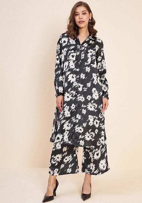 Black Floral Printed Fusion Satin Top And Palazzos
