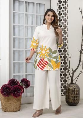 White Floral Printed Pure Cotton Top And Trousers