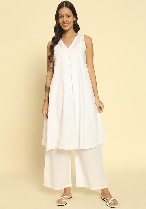 White Vneck Sleeveless Pure Cotton Top With Palazzo