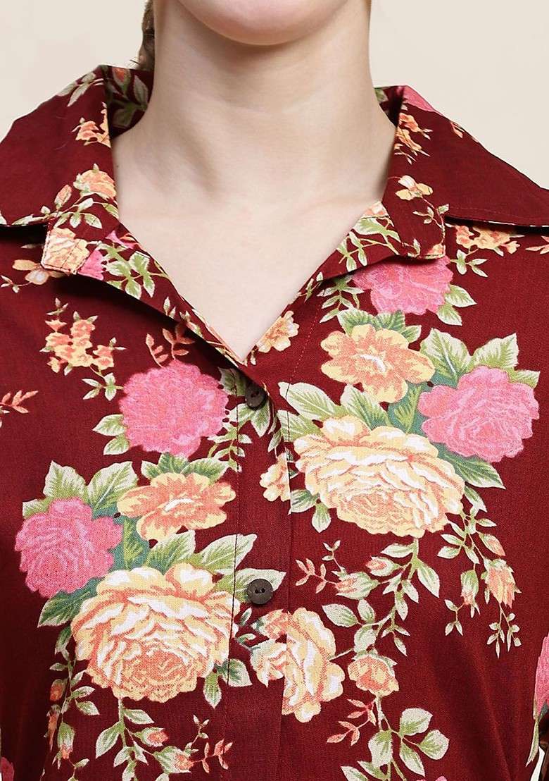 Maroon Floral Printed Shirt Collar Pure Cotton Tunic With Trousers - Indya
