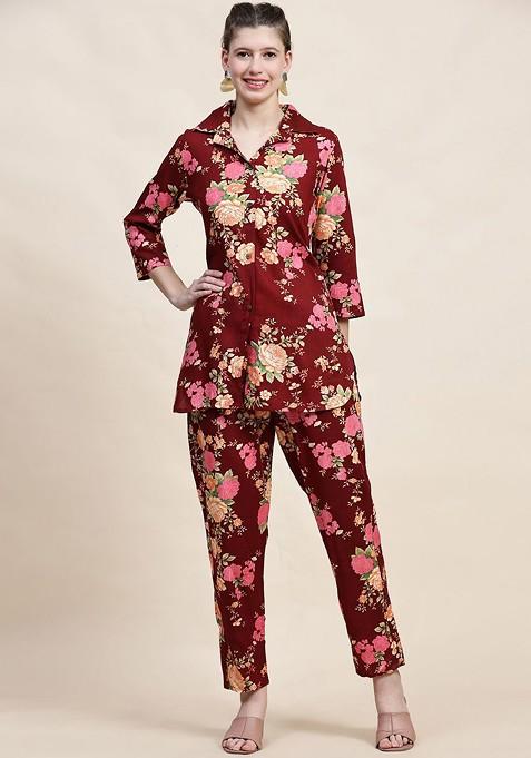 Maroon Floral Printed Shirt Collar Pure Cotton Tunic With Trousers