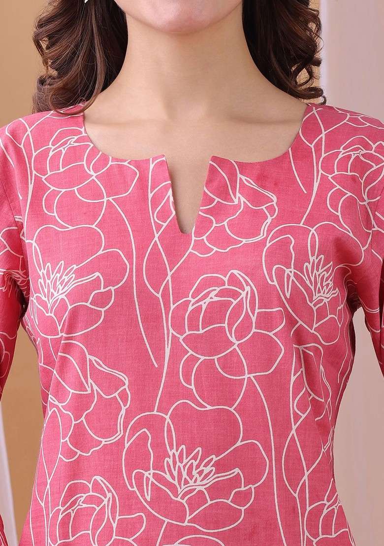 Pink Printed Vneck Top With Trousers Coords - Indya