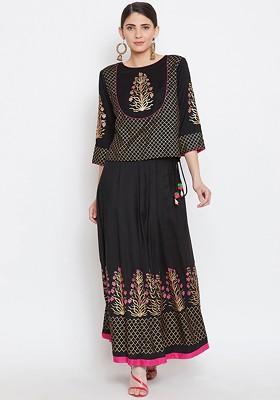 Black Women Black And Goldcoloured Self Design Top With Skirt