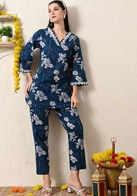 Blue Printed Vneck Three Quarter Sleeve Pure Cotton Tunic And Trouser