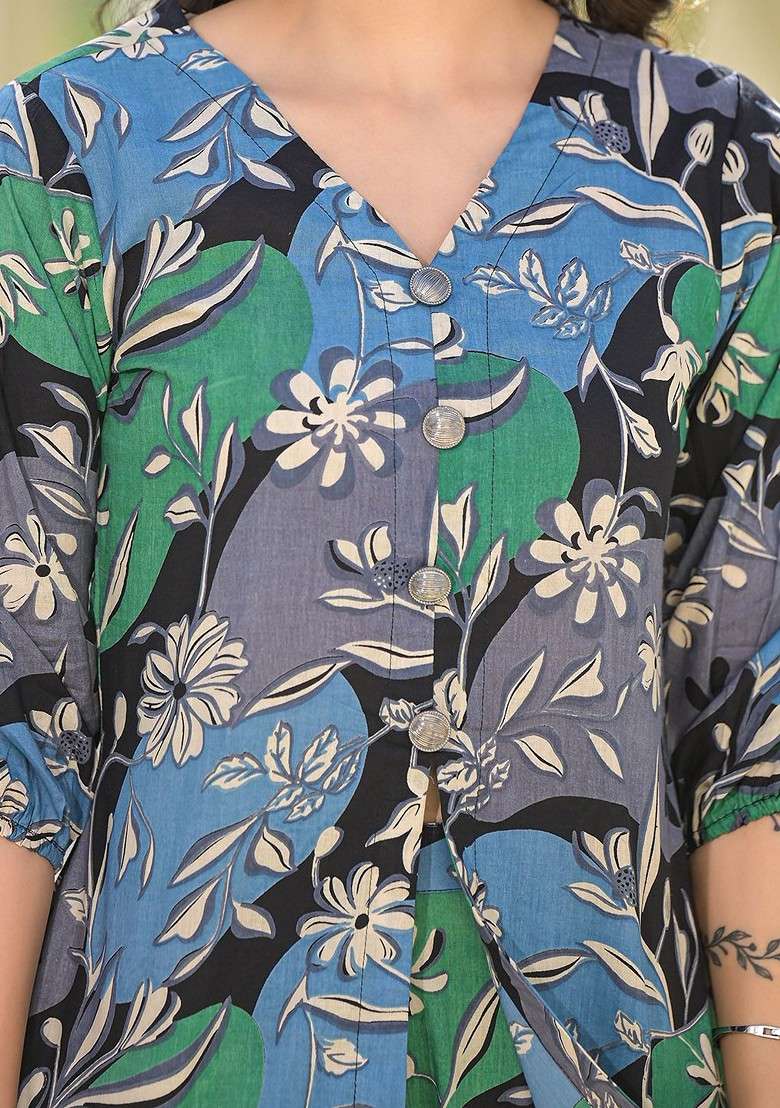 Grey Floral Printed Pure Cotton Tunic With Trousers - Indya