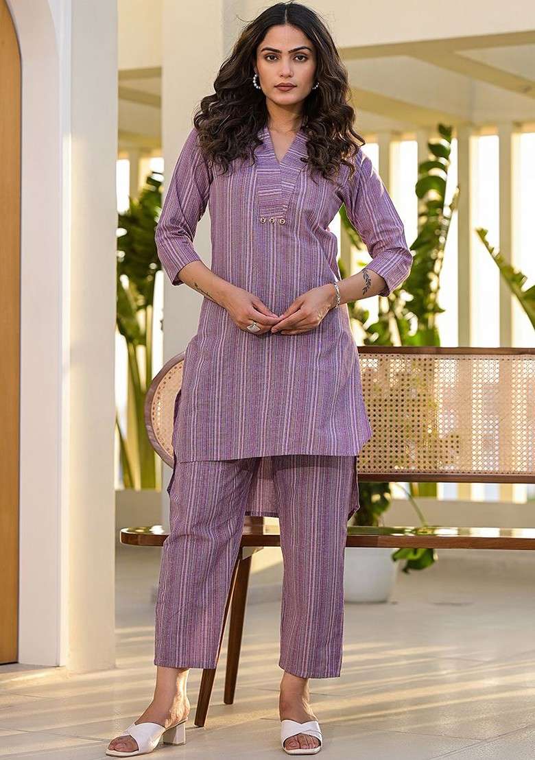 Purple Striped Pure Cotton Tunic With Trouser Coords - Indya