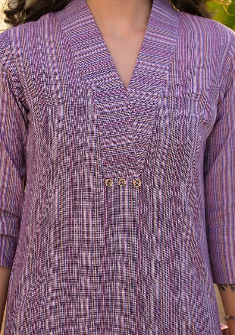 Purple Striped Pure Cotton Tunic With Trouser Coords - Indya
