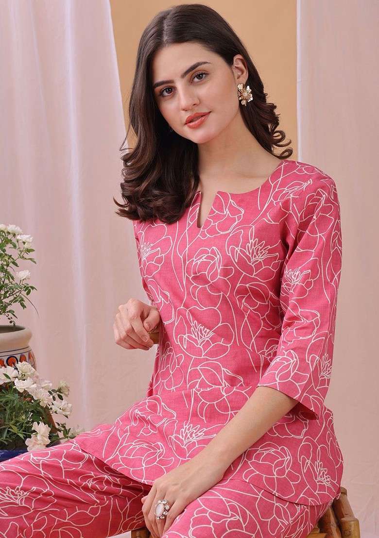 Pink Printed Vneck Pure Cotton Top Ith Trousers Coords - Indya