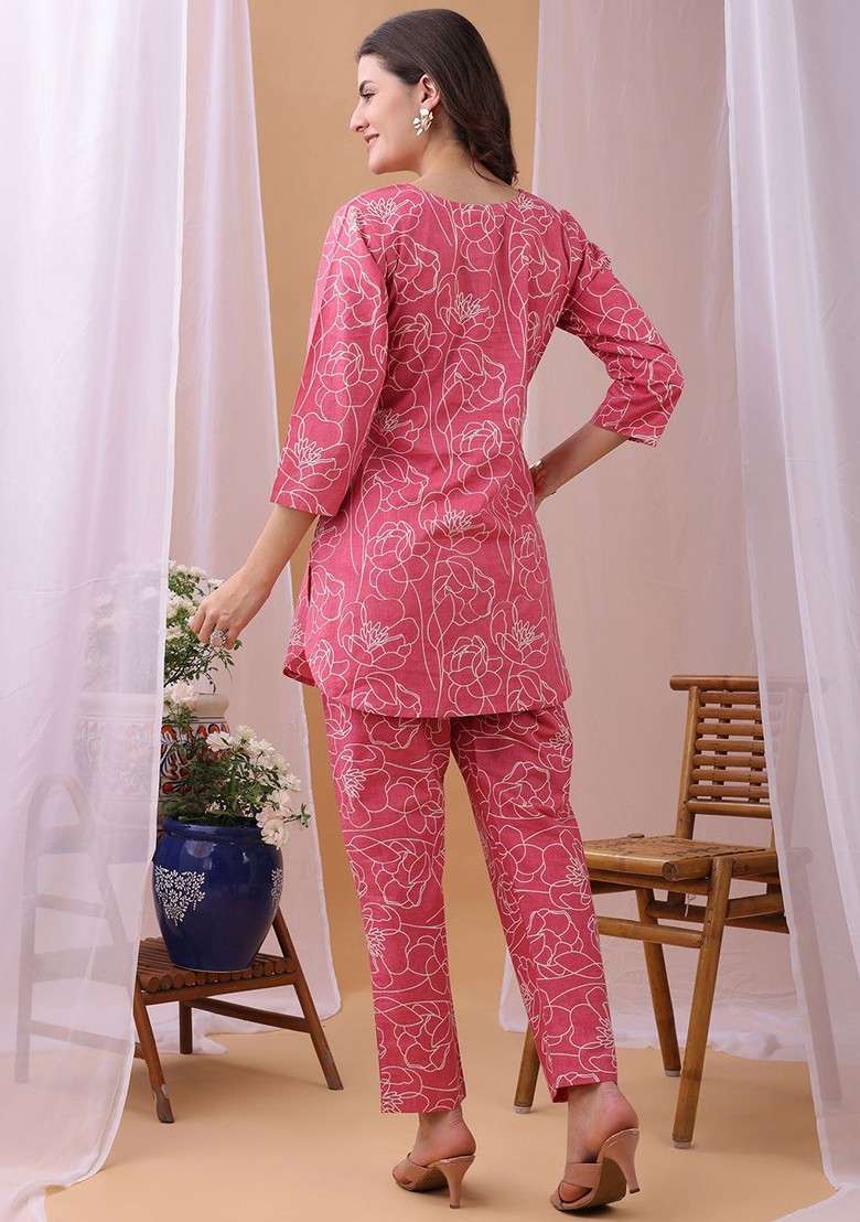 Pink Printed Vneck Pure Cotton Top Ith Trousers Coords - Indya