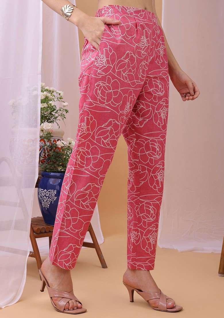 Pink Printed Vneck Pure Cotton Top Ith Trousers Coords - Indya
