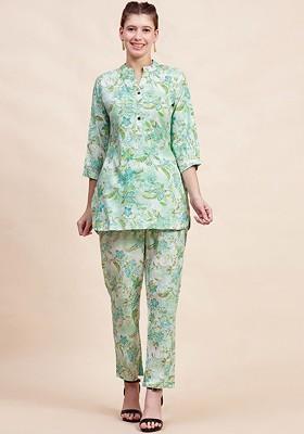 Green Floral Printed Mandarin Collar Pure Cotton Tunic With Trousers