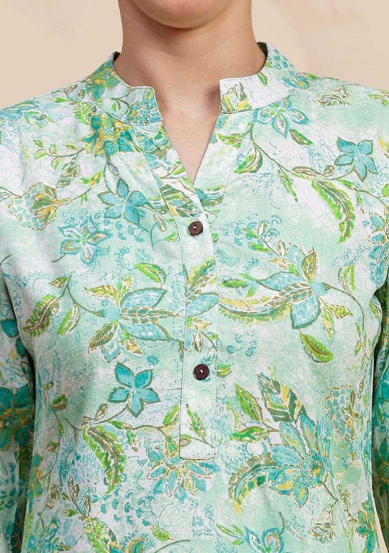 Green Floral Printed Mandarin Collar Pure Cotton Tunic With Trousers - Indya