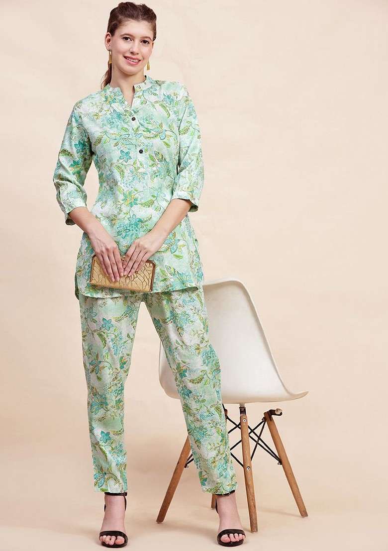 Green Floral Printed Mandarin Collar Pure Cotton Tunic With Trousers - Indya