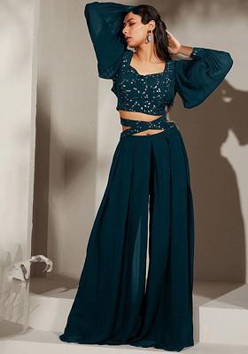 Teal Embroidered Top With Palazzo Coords