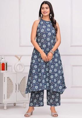 Blue Floral Printed Pure Cotton Tunic And Palazzo