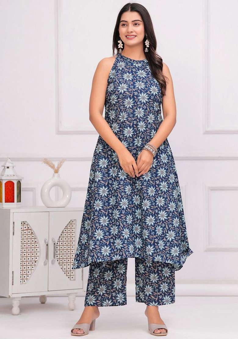 Blue Floral Printed Pure Cotton Tunic And Palazzo - Indya
