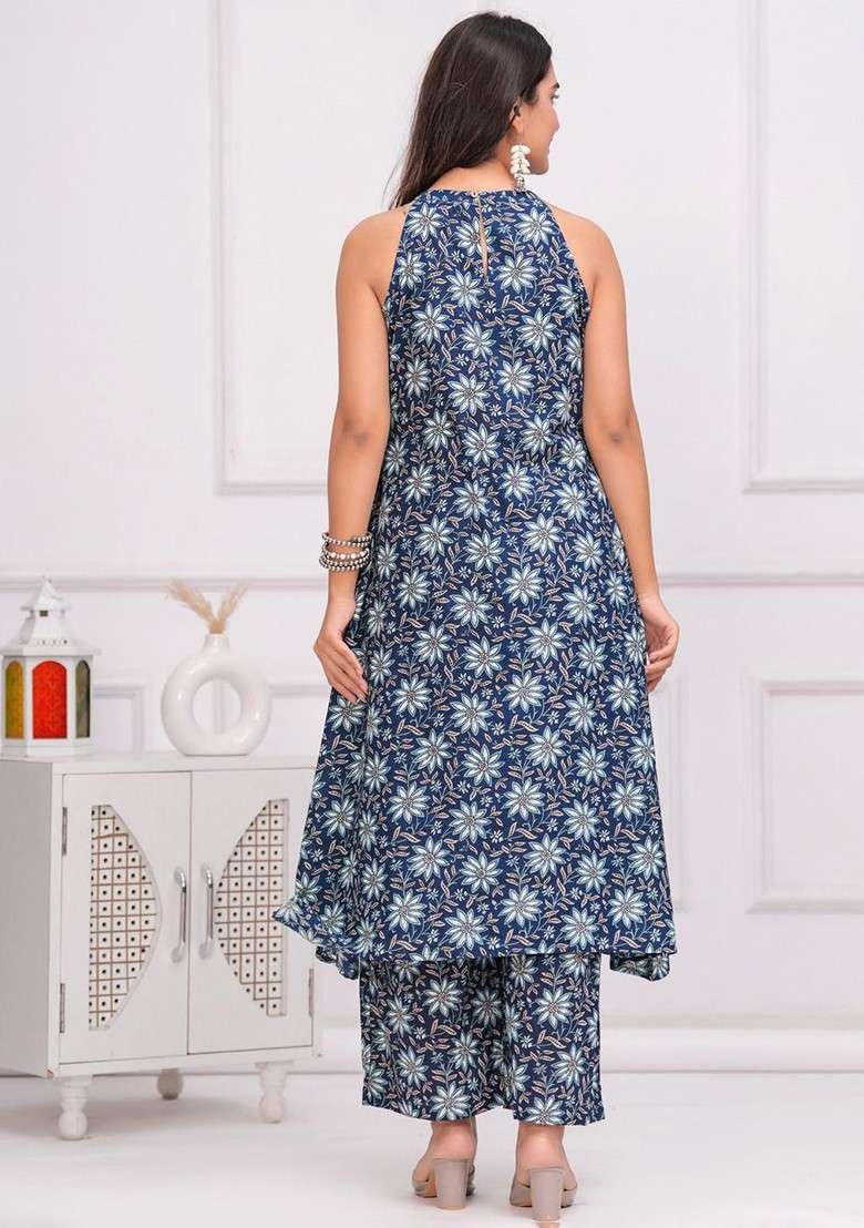 Blue Floral Printed Pure Cotton Tunic And Palazzo - Indya