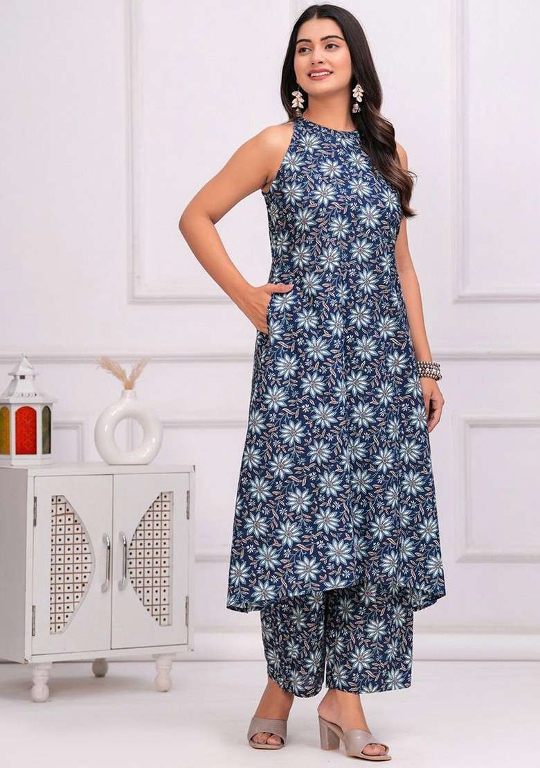 Blue Floral Printed Pure Cotton Tunic And Palazzo - Indya
