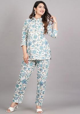 White Floral Printed Shirt Collar Pure Cotton Relaxed Fit Tunic And Trousers