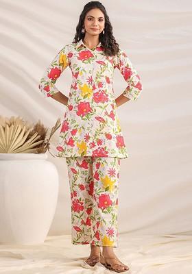 Off White Women Floral Printed Shirt Collar Pure Cotton Aline Tunic With Trousers Coords
