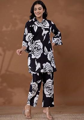 Black Printed Pure Cotton Tunic And Trousers Coord