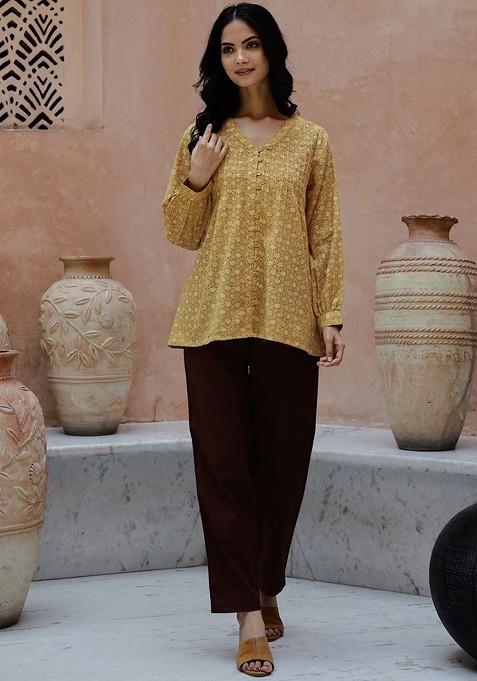 Yellow Yellow Floral Printed Vneck Tunic With Trousers — view on Indya