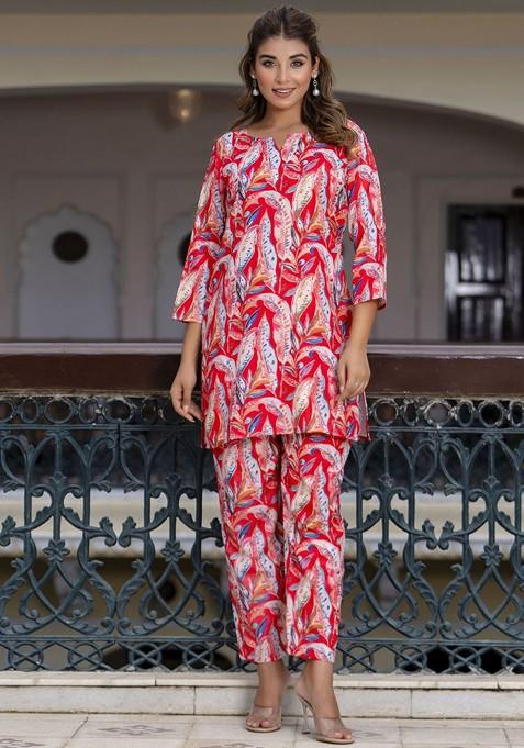 Red Floral Printed Round Neck Threequarter Sleeves Tunic Ith Trousers — view on Indya