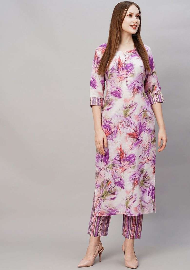 Purple Floral Printed Round Neck Top With Trouser Coords - Indya