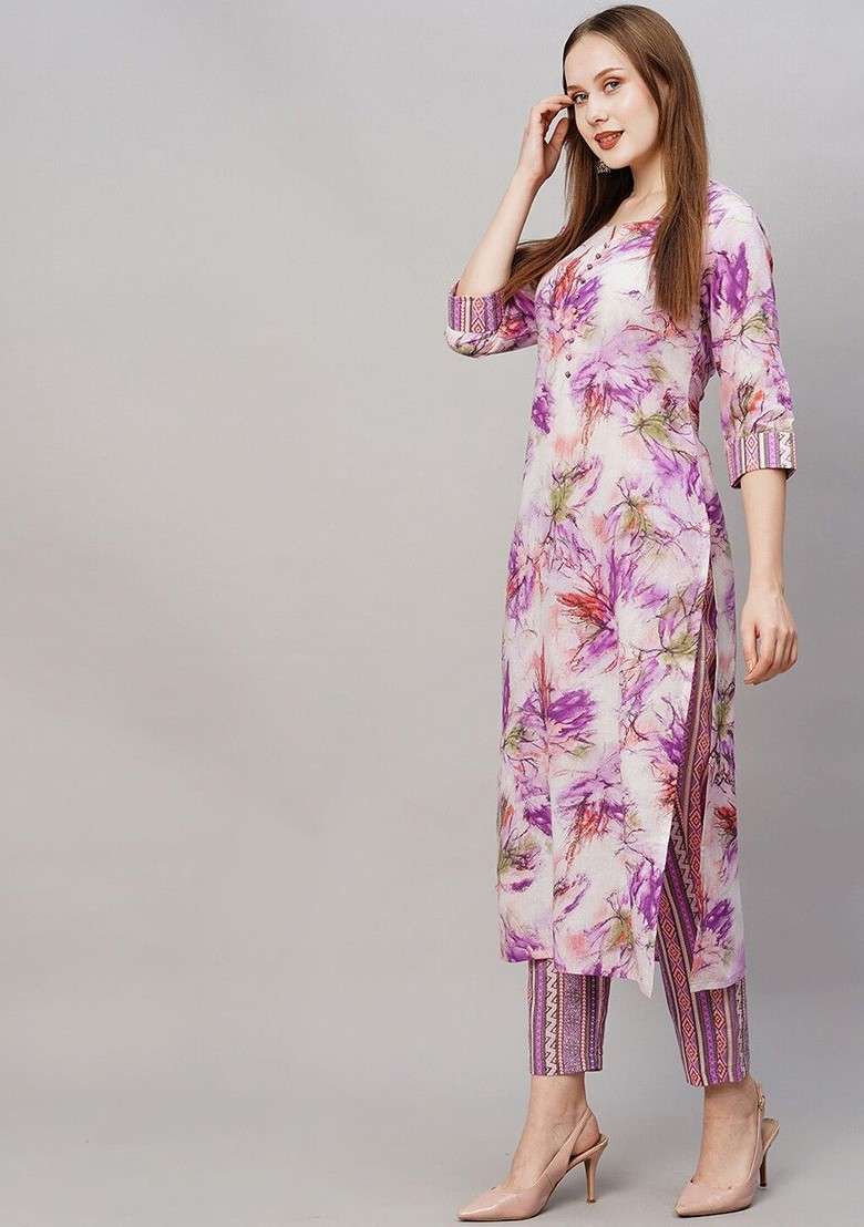 Purple Floral Printed Round Neck Top With Trouser Coords - Indya