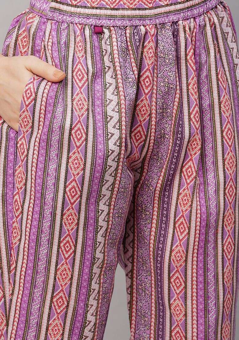 Purple Floral Printed Round Neck Top With Trouser Coords - Indya